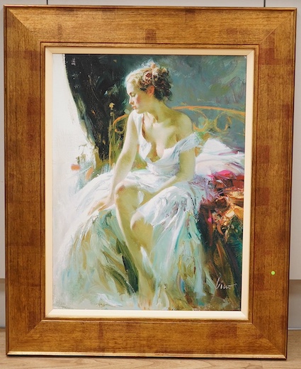 After Pino Daeni (Italian, 1939-2010), hand embellished giclee print on canvas, ‘Morning Breeze’, limited edition 41/295, COA verso, 60 x 44cm. Condition - good